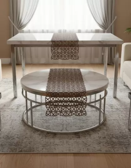 Angles Model Kahverengi 5 Parça Salon Takımı Dantel Masa Örtüsü Runner Seti