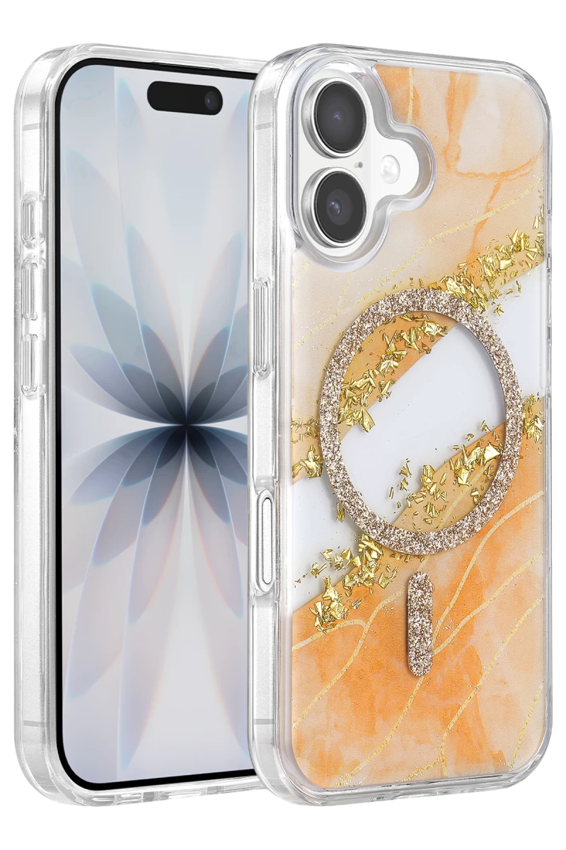 Onegif Apple iPhone 16 Uyumlu Lotus Simli Magsafe Kapak - Turuncu