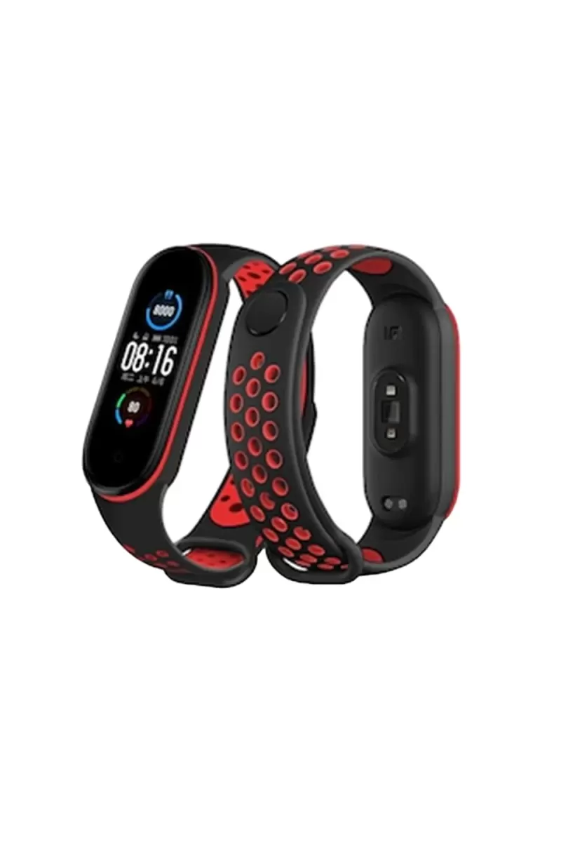 Xiaomi Mi Band 7 Uyumlu Spor Delikli Kordon - Siyah-Kırmızı