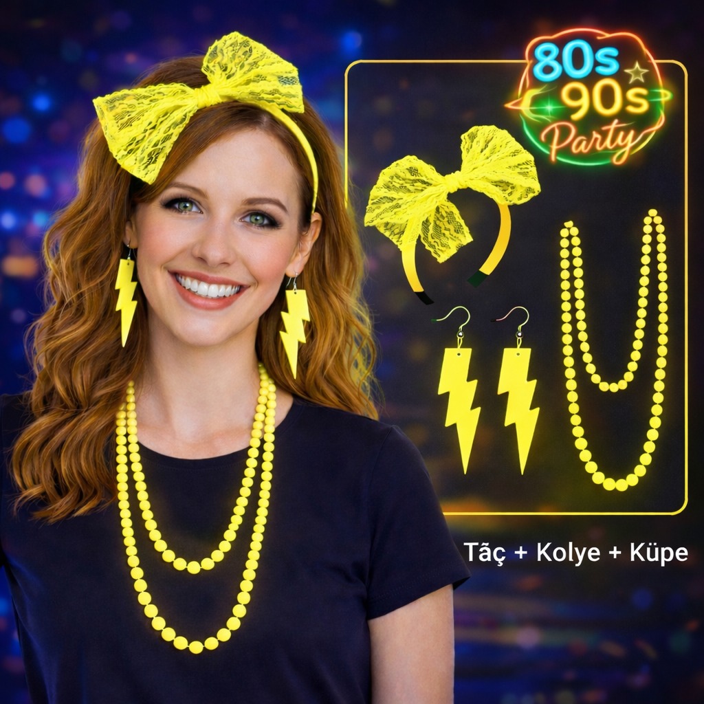 80?ler 90?lar Neon Sarı Parti Seti ? Kolye Küpe Taç