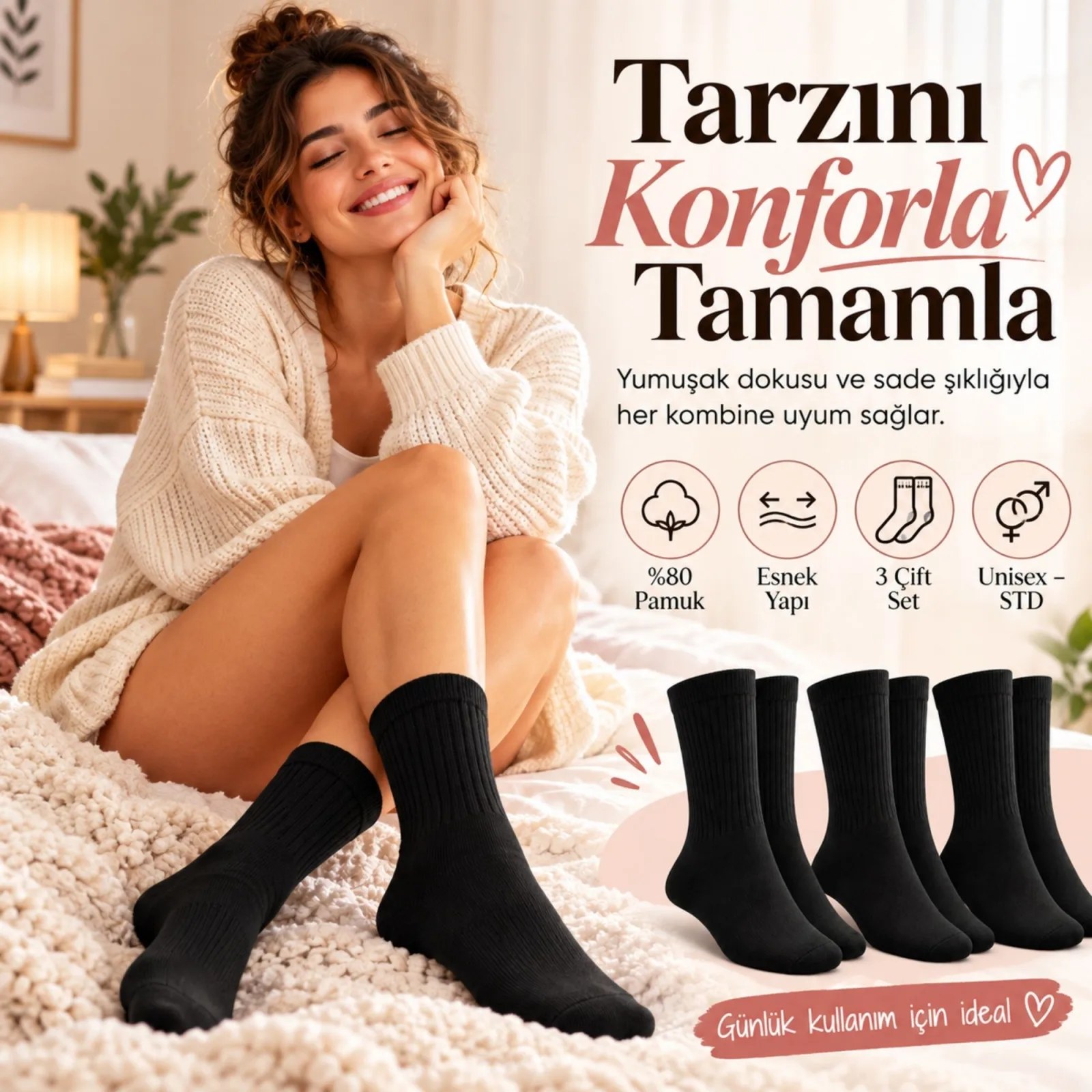 Unisex Siyah Soket Çorap 3'lü Set Düz Basic Ribanalı Günlük Spor Esnek Rahat Uzun Çorap Konforlu Set