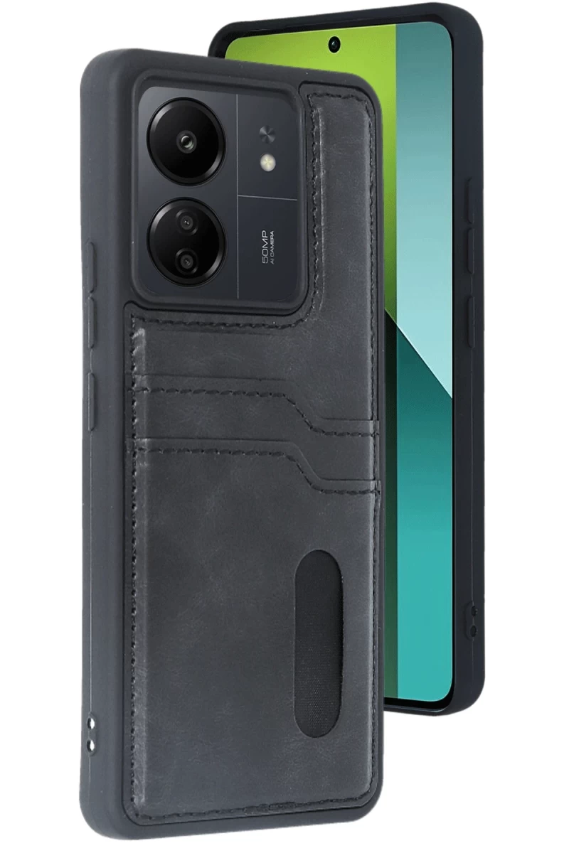Xiaomi Redmi 13C Uyumlu Kılıf Sara Kartvizitli Deri Kılıf - Siyah