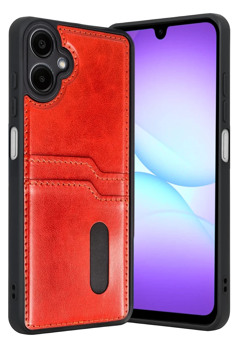 Samsung Galaxy A07 4G Uyumlu Sara Kartvizitli Deri Kılıf - Kırmızı