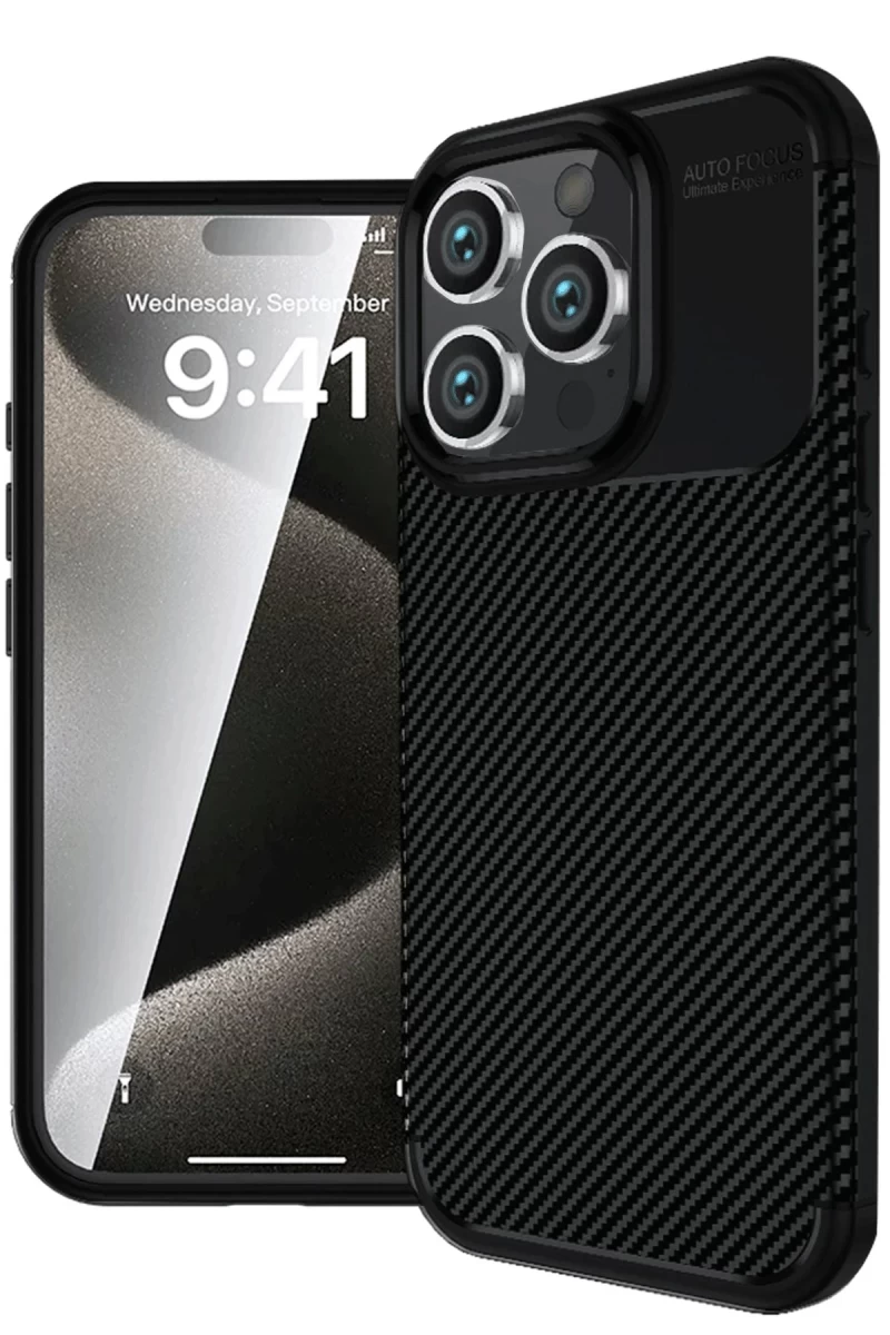 Apple iPhone 16 Pro Max Uyumlu Kılıf Auto Focus Karbon Kapak - Siyah