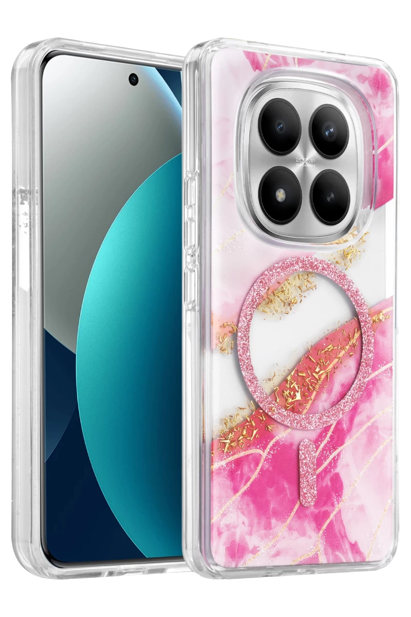 Onegif Xiaomi Redmi Note 15 Pro 5G Uyumlu Lotus Simli Magsafe Kapak - Pembe
