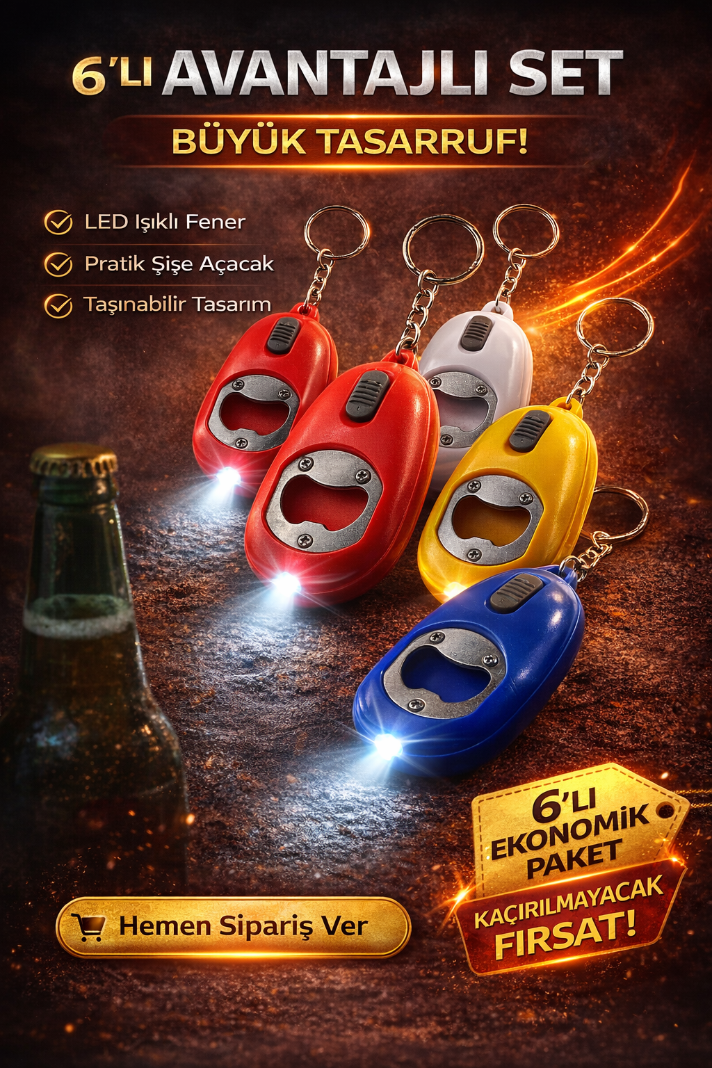 Mini LED Anahtarlık Fener Açacak Işıklı Şişe Açacak Anahtarlık 6 Adet
