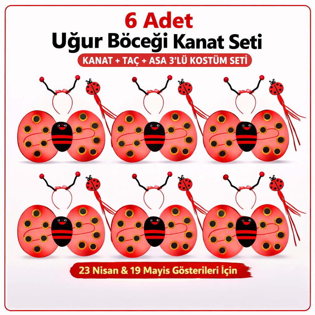 6'lı Uğur Böceği Ateş Böceği Kostüm Seti ? Kanat Taç Asa