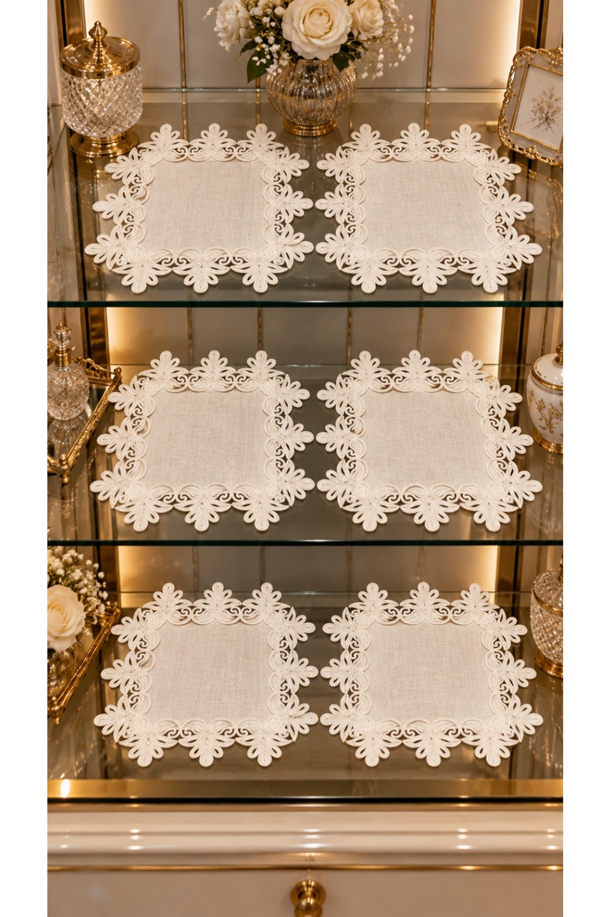 6 lı Krem Amerikan Servis Peçete Seti Vitrin Konsol Sehpa Örtüsü Gardenya Keten 35x35cm