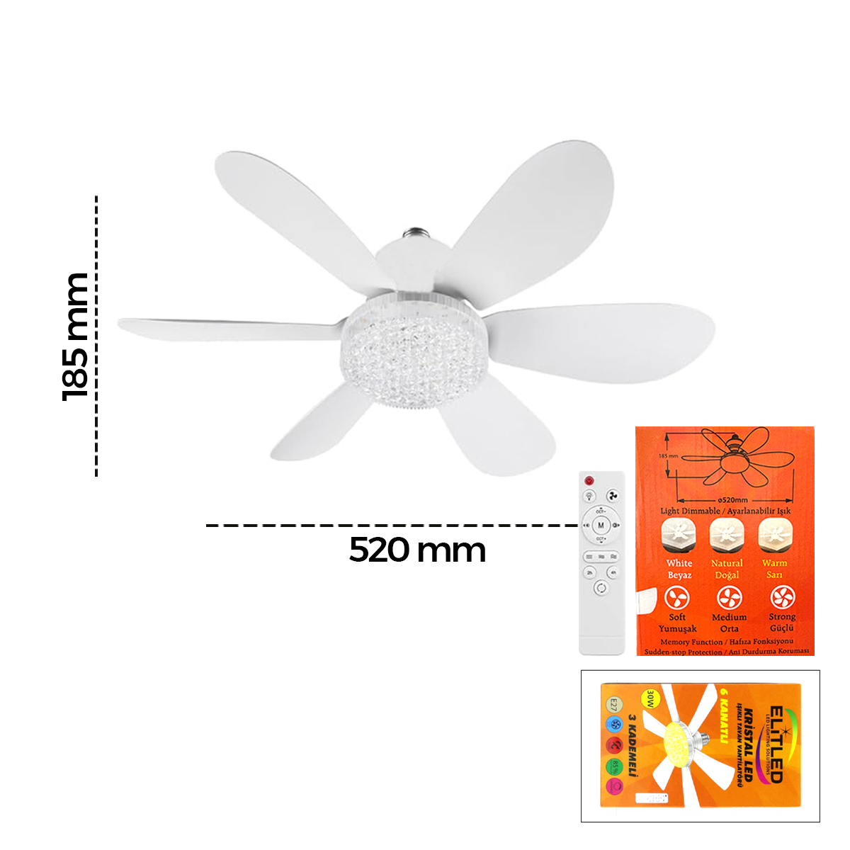 Kumandalı 2in1 Tavan Vantilatör Avize 52 cm - 6 Kanat, 3 Hız