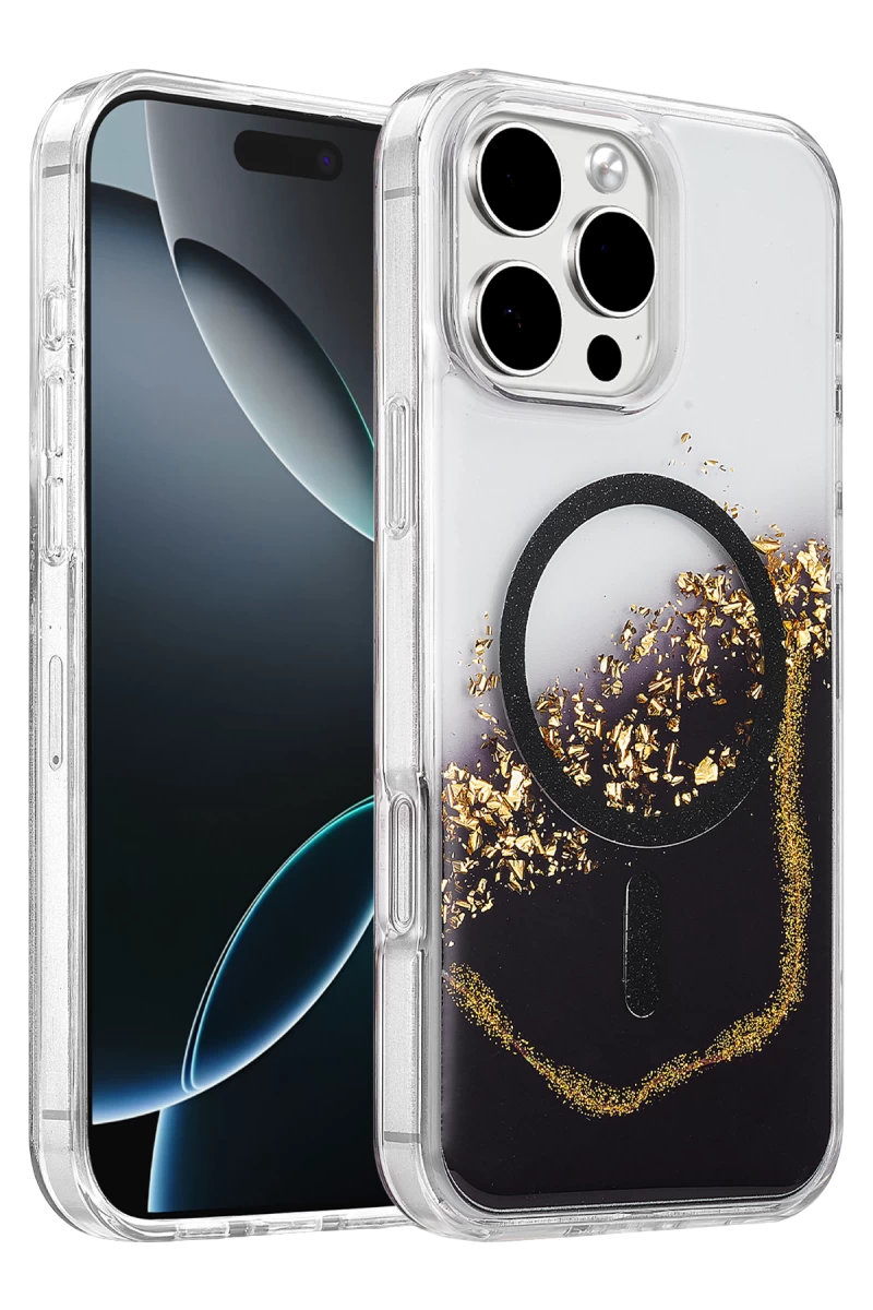 Onegif Apple iPhone 16 Pro Max Uyumlu Lotus Simli Magsafe Kapak - Siyah