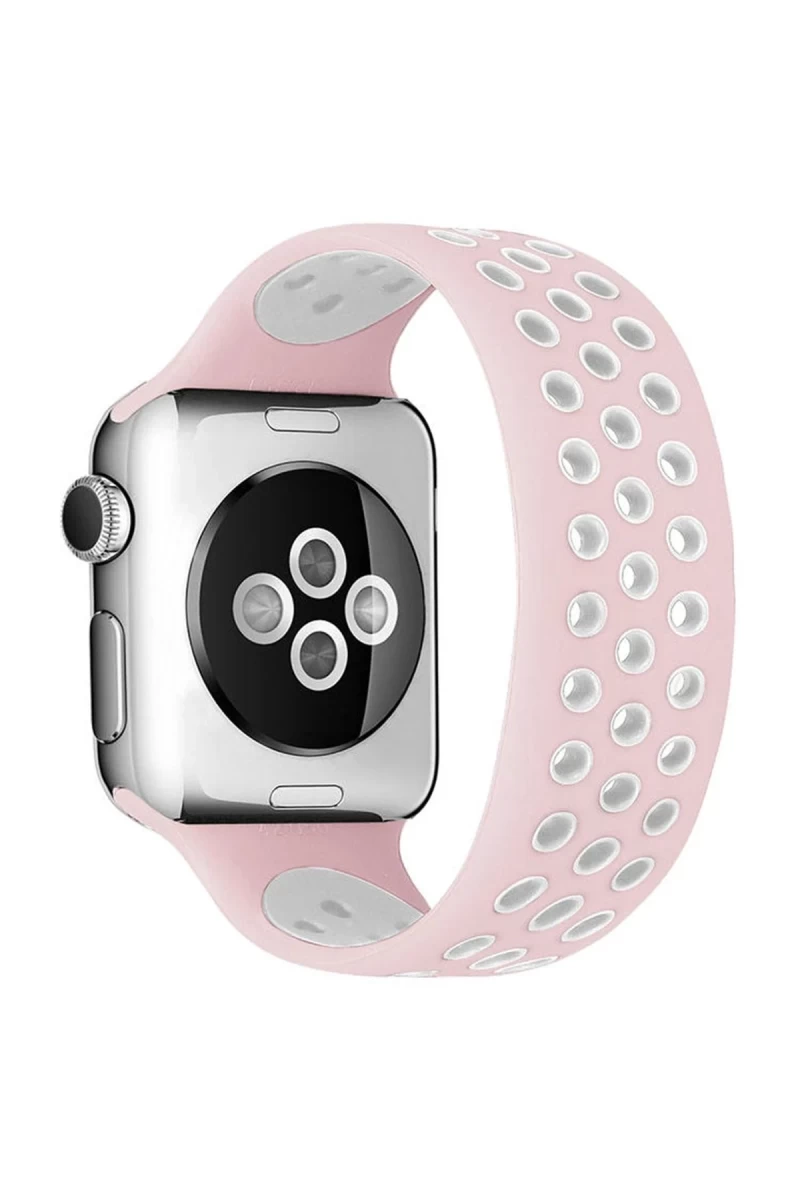 Apple Watch 42mm Uyumlu Ayarlı Delikli Silikon Kordon - Pembe-Beyaz