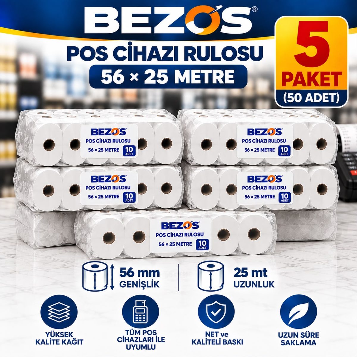 Termal POS Cihazı Rulosu 56 mm x 25 m - 50 Adet (5 Paket) Yazar Kasa Slip Rulosu
