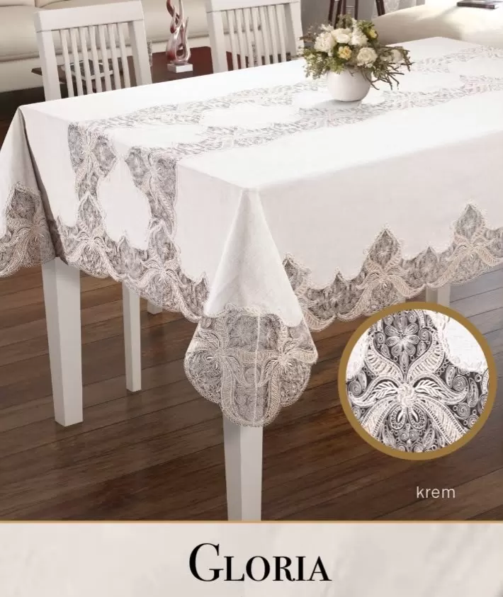 Gloria Model Krem Keten Tek Masa Örtüsü 160x300 cm Dantelli Yemek Masası