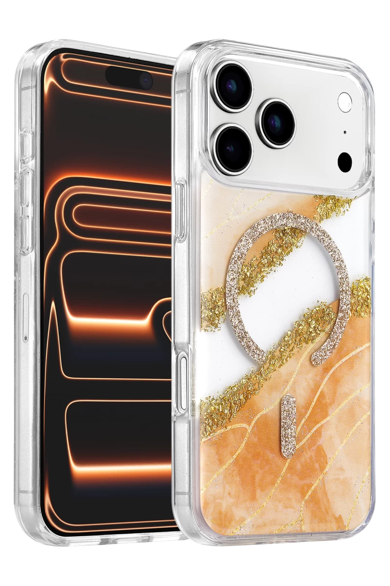 Onegif Apple iPhone 17 Pro Max Uyumlu Lotus Simli Magsafe Kapak - Turuncu