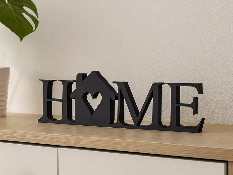 3D Baskı Kalpli HOME Yazılı Dekoratif Masa Süsü Ev Yazısı Raf ve Konsol Dekoru Siyah