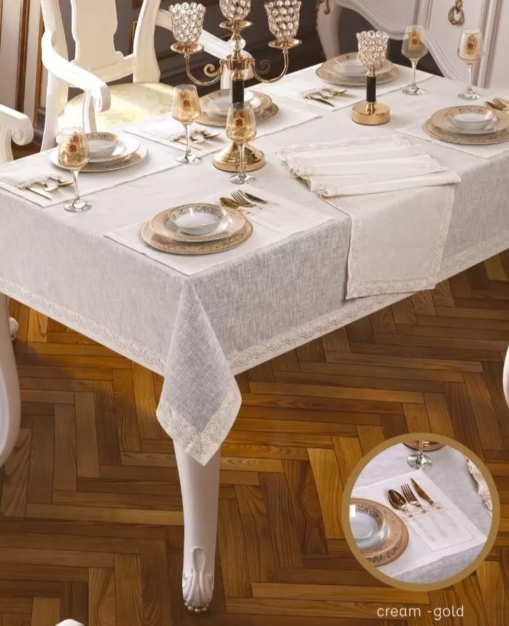 8 Kişilik Zara Krem-Gold 10 Parça Masası 160 × 220 cm Lüks Şık Yemek Masa Takımı