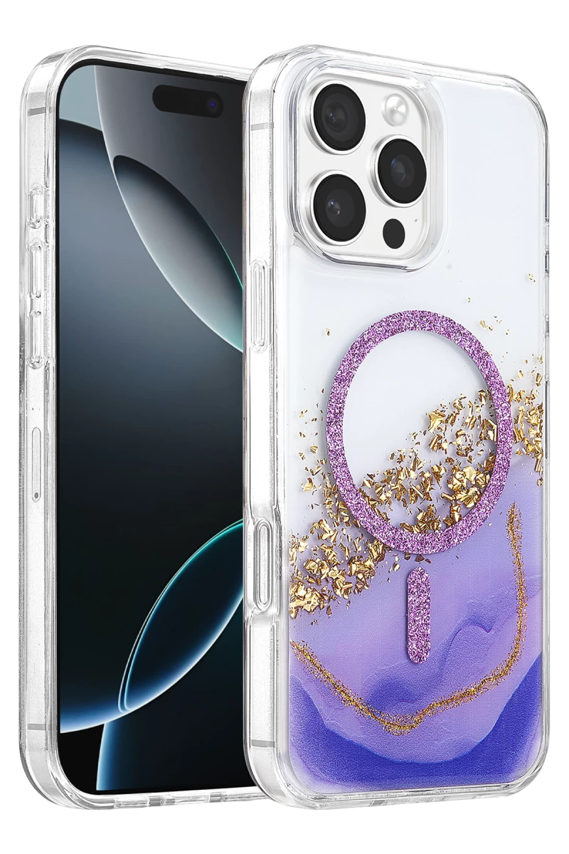 Onegif Apple iPhone 16 Pro Max Uyumlu Lotus Simli Magsafe Kapak - Mor