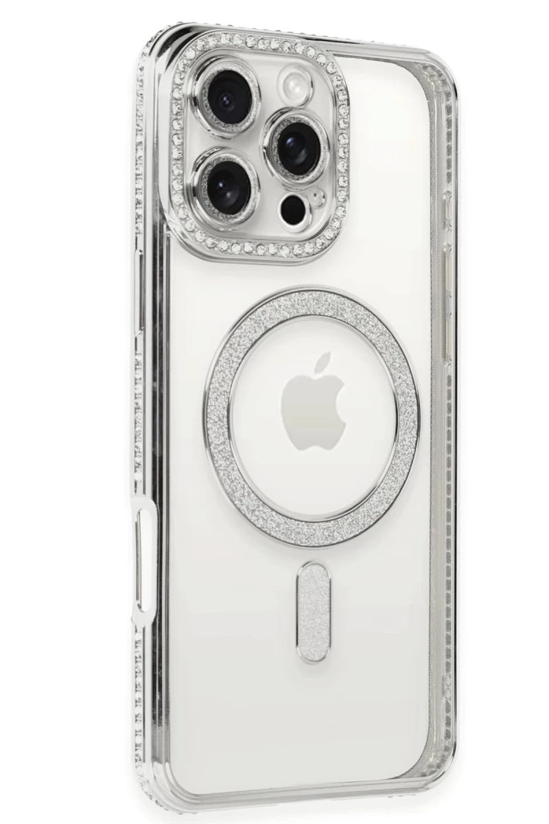 Apple iPhone 16 Pro Uyumlu Kılıf Joke Simli Magneticsafe Kılıf - Gümüş