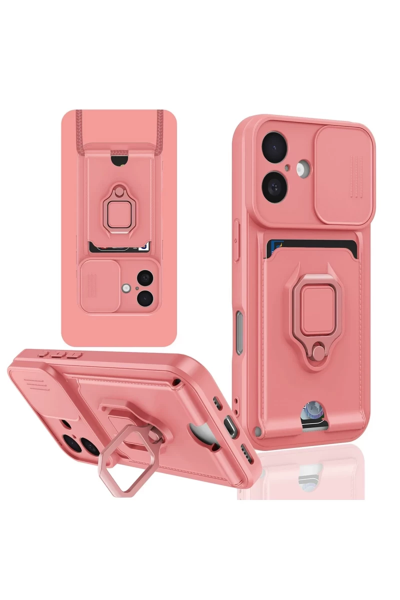 Apple iPhone 16 Uyumlu Kılıf Zuma Kartvizitli Yüzüklü Silikon - Pembe