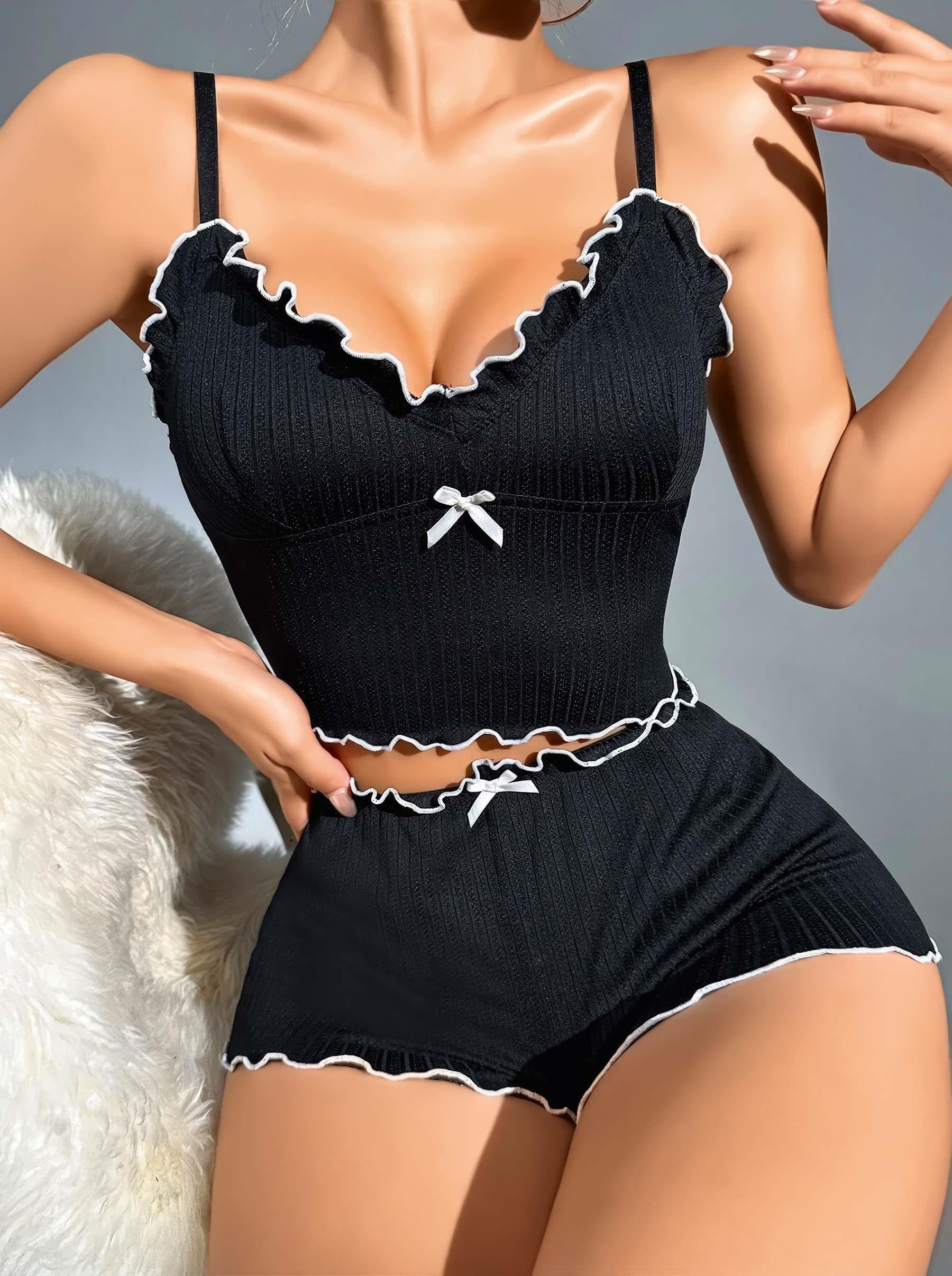Kadın Siyah Fitilli Askılı Şortlu Pijama Takım 5042 · BEDEN: S/M · RENK: SİYAH
