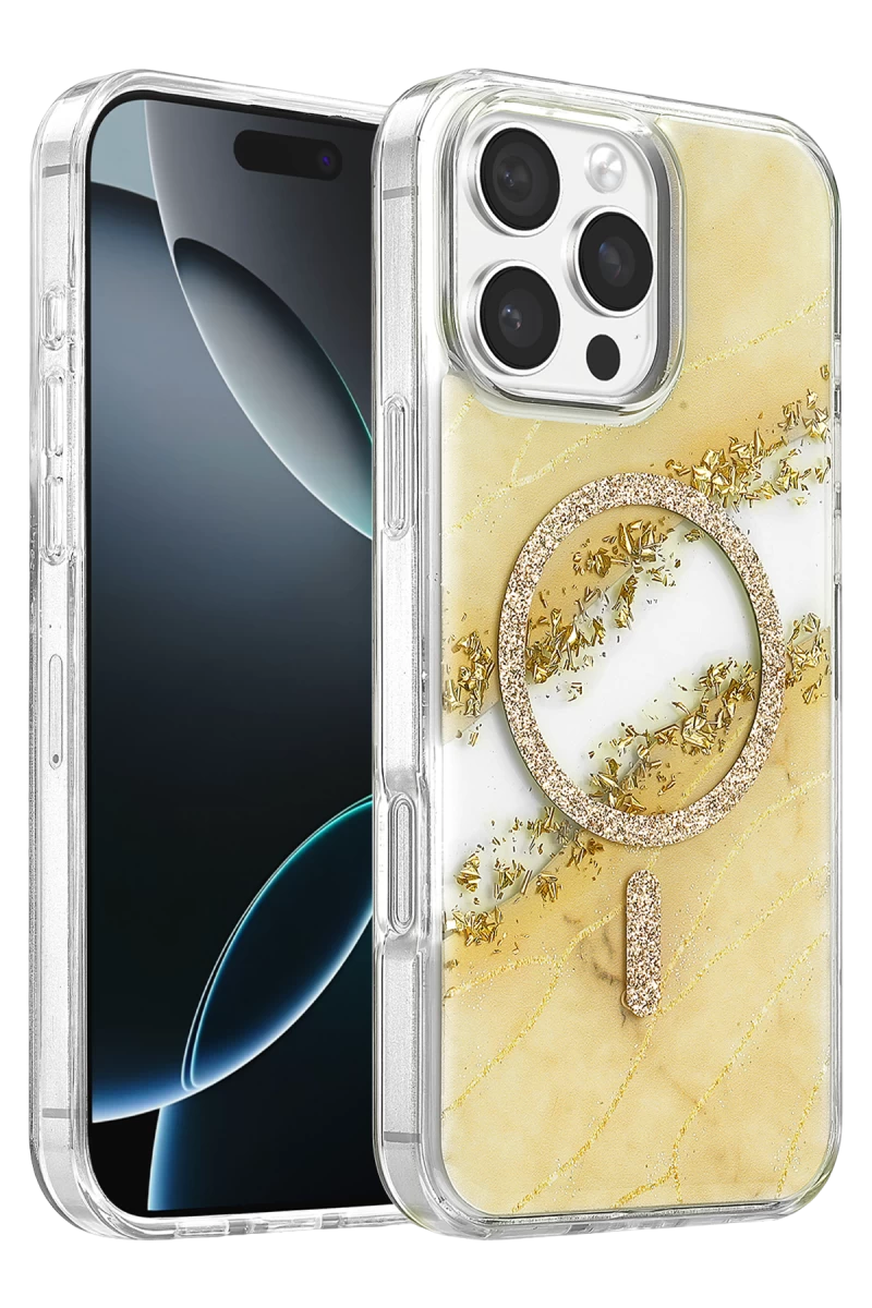 Onegif Apple iPhone 16 Pro Max Uyumlu Lotus Simli Magsafe Kapak - Gümüş