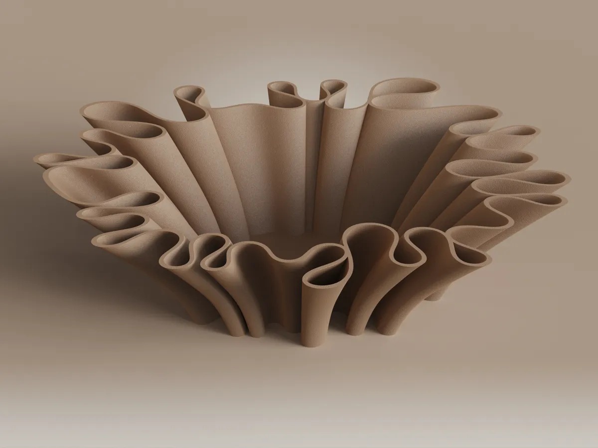 3D Baskı Dalgalı Çiçek Formlu Dekoratif Kase Organik Kumaş Dokulu Sunum ve Obje Tabağı Bej