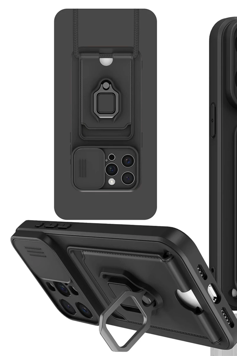Apple iPhone 15 Pro Uyumlu Kılıf Zuma Kartvizitli Yüzüklü Silikon - Siyah