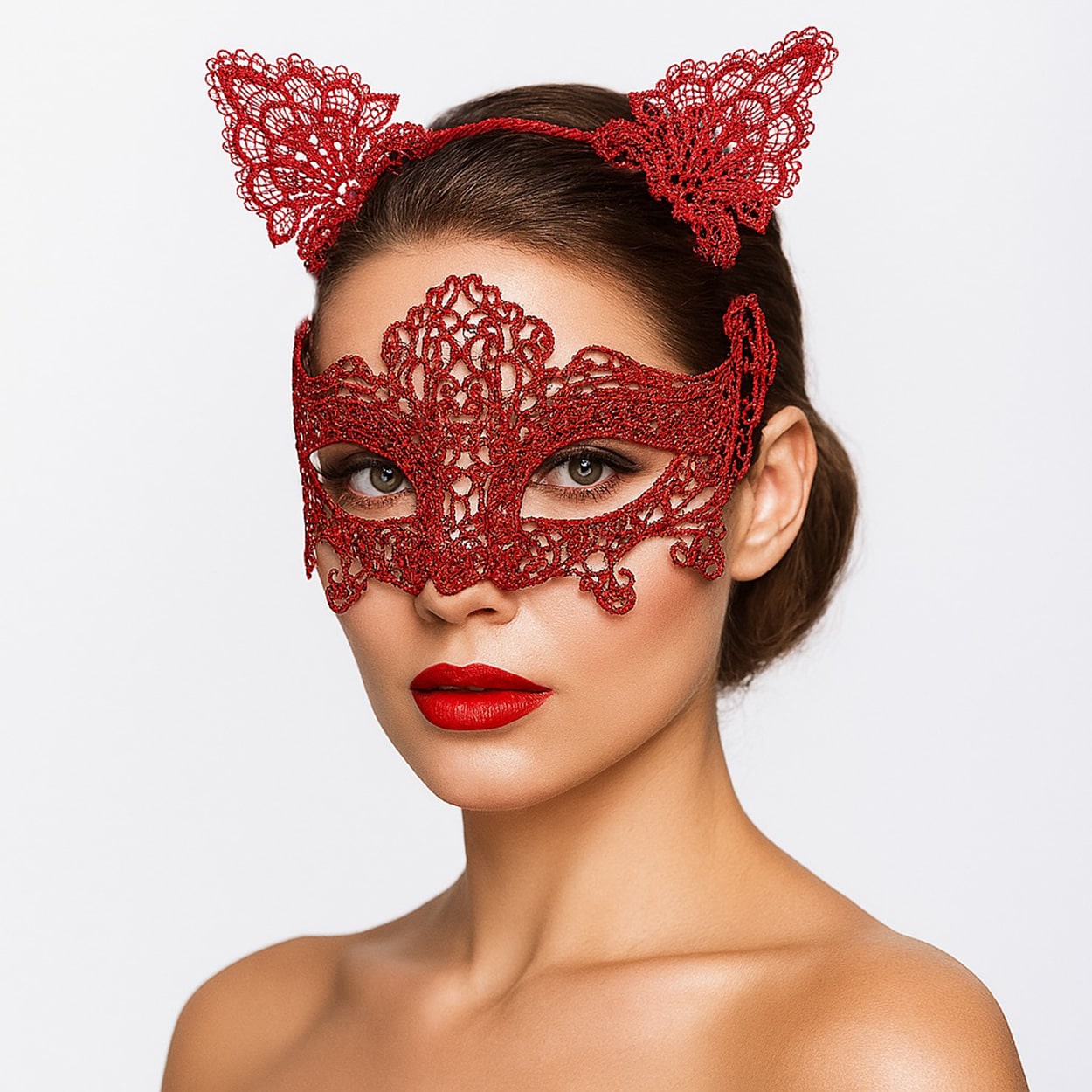 Romantik Kırmızı Dantel Maske Seti ? Kedi Kulaklı Taç ve Maske 3 No
