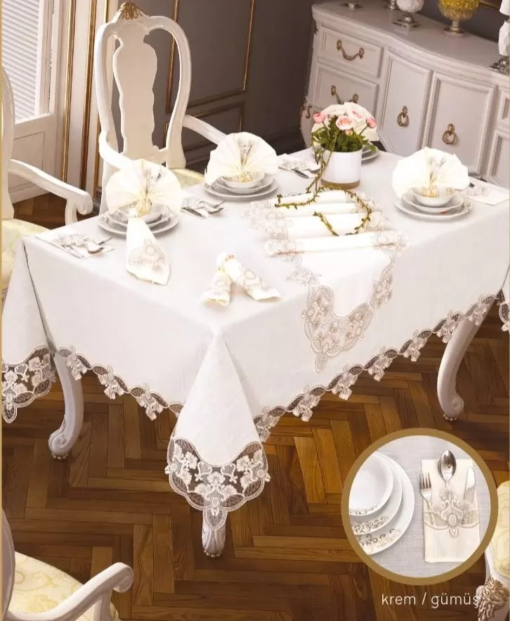 Krem-Gümüş Gardenya Karanfil Keten 26 Parça 160 × 220 cm Şık Sofra Takımı