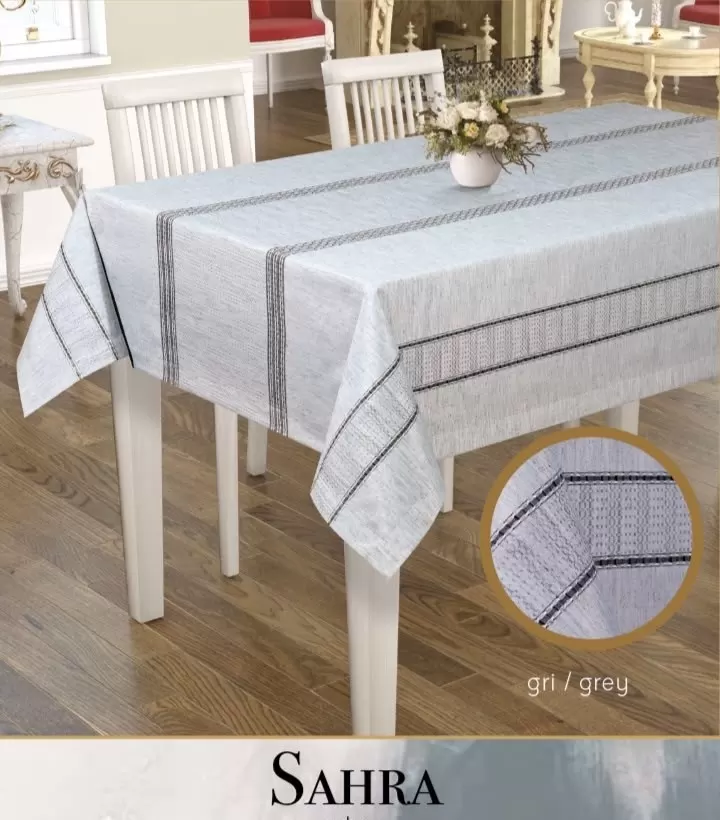 160x260 cm Sahra Model Gri Polyester Ajurlu Keten Masa Örtüsü Tablecloth Dantelli Yemek Masası
