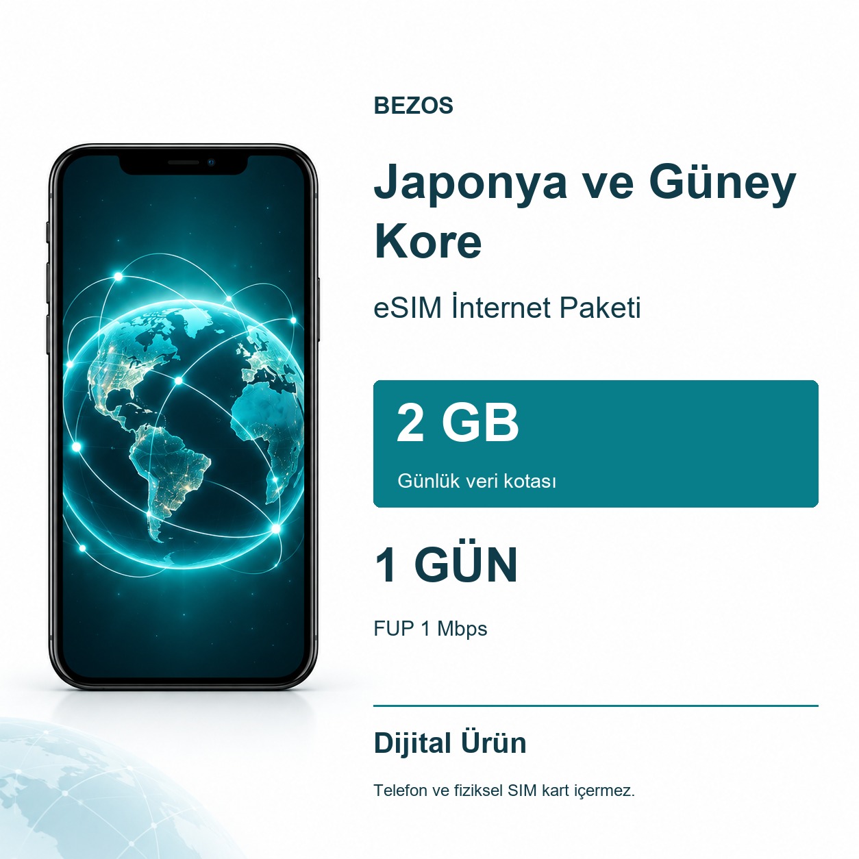 Japonya ve Güney Kore eSIM İnternet Paketi Günlük 2 GB 1 Gün - FUP 1 Mbps