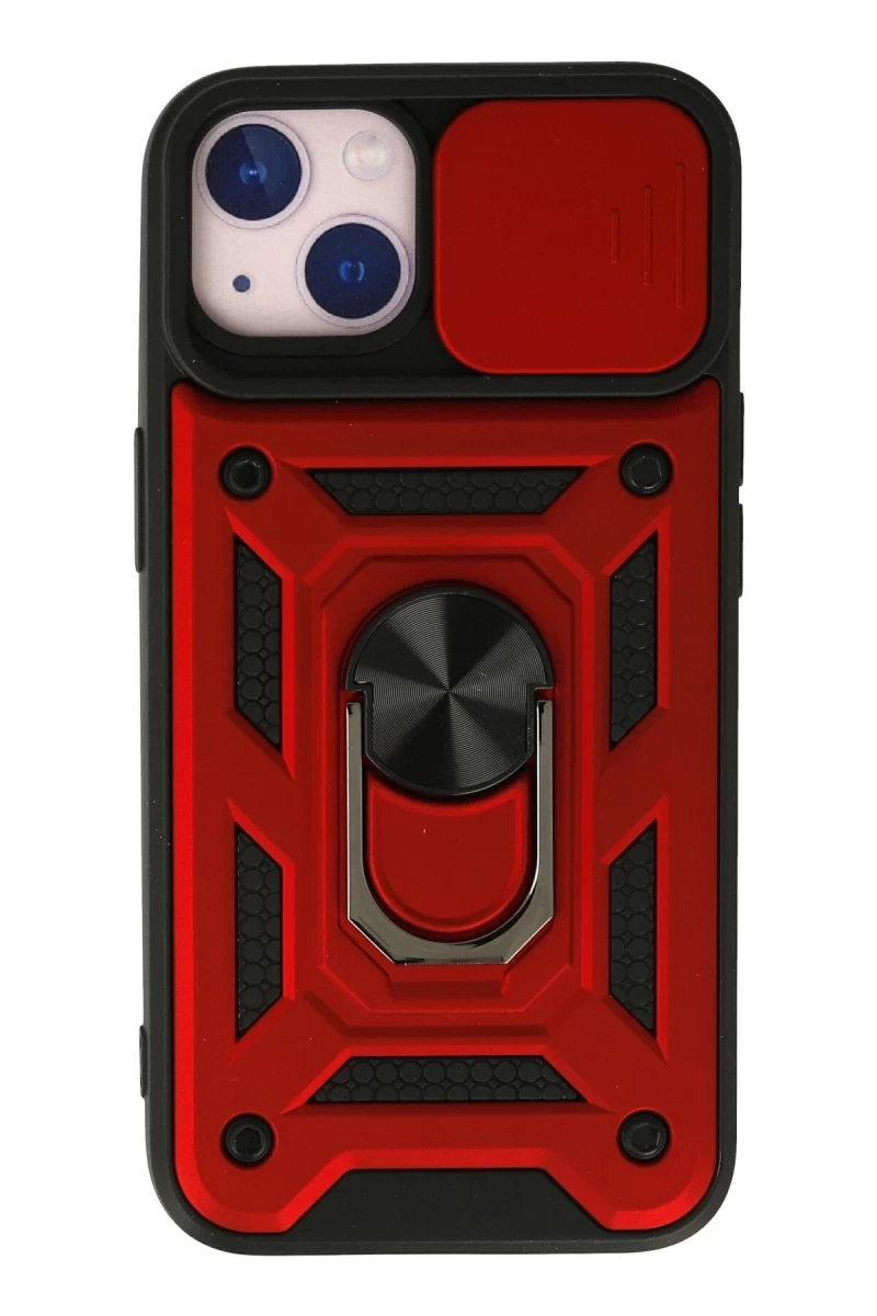 Apple iPhone 13 Uyumlu Kılıf Pars Lens Yüzüklü Silikon - Kırmızı