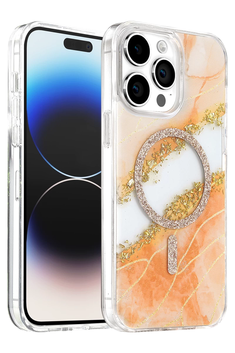 Onegif Apple iPhone 14 Pro Max Uyumlu Lotus Simli Magsafe Kapak - Turuncu