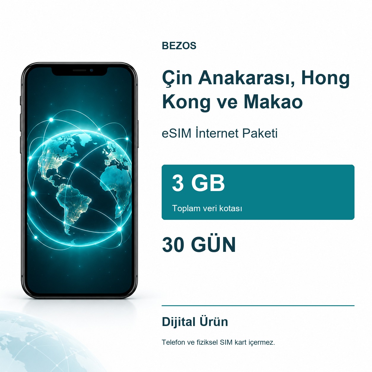 Çin Anakarası, Hong Kong ve Makao eSIM İnternet Paketi 3 GB 30 Gün