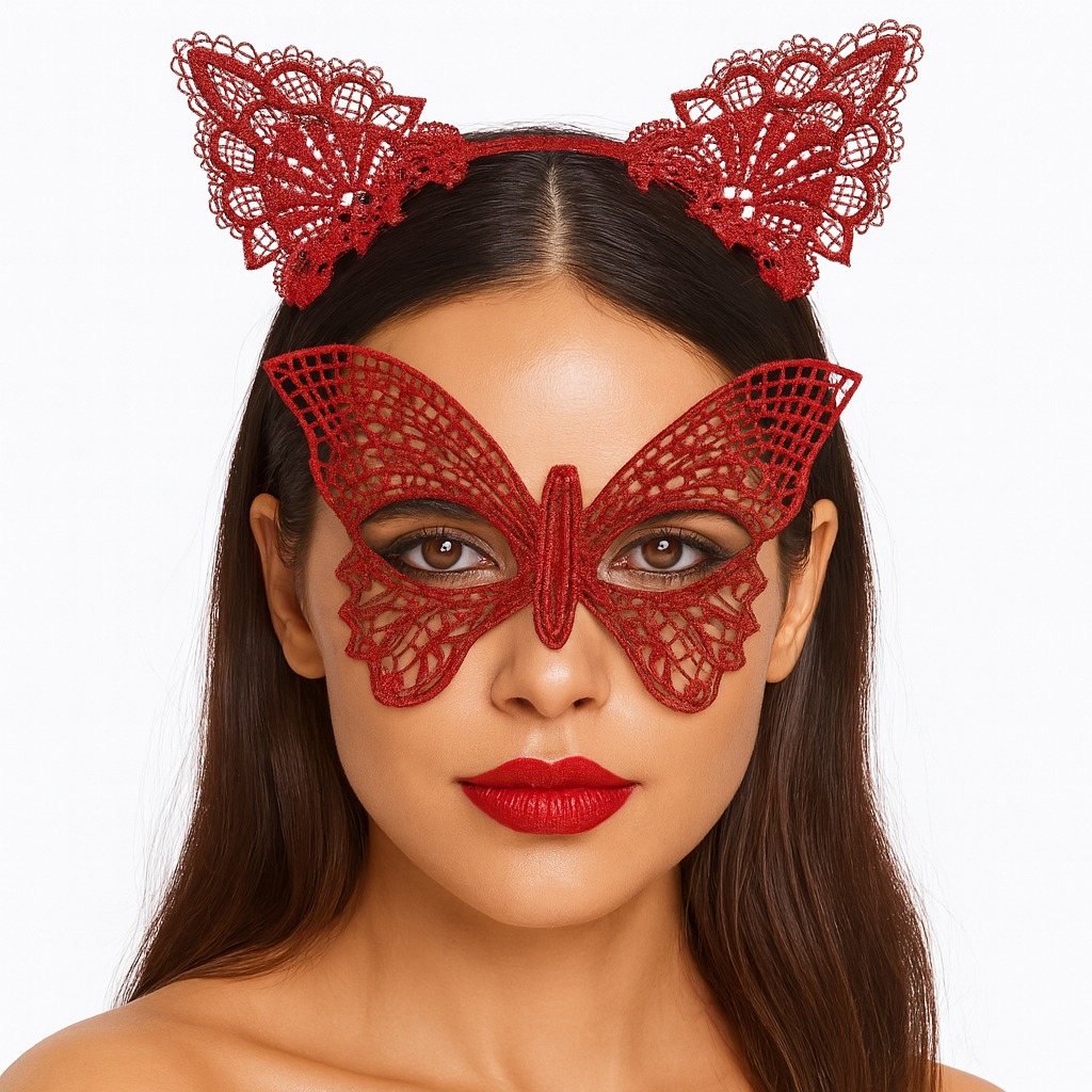 Gösterişli Kırmızı Dantel Maske ve Taç Seti 7 No ? Masquerade ve Davetler için