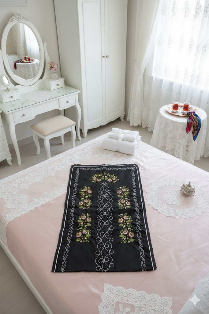 Kanaviçe Işlemeli Etamin Kumaş Tek Seccade - Siyah