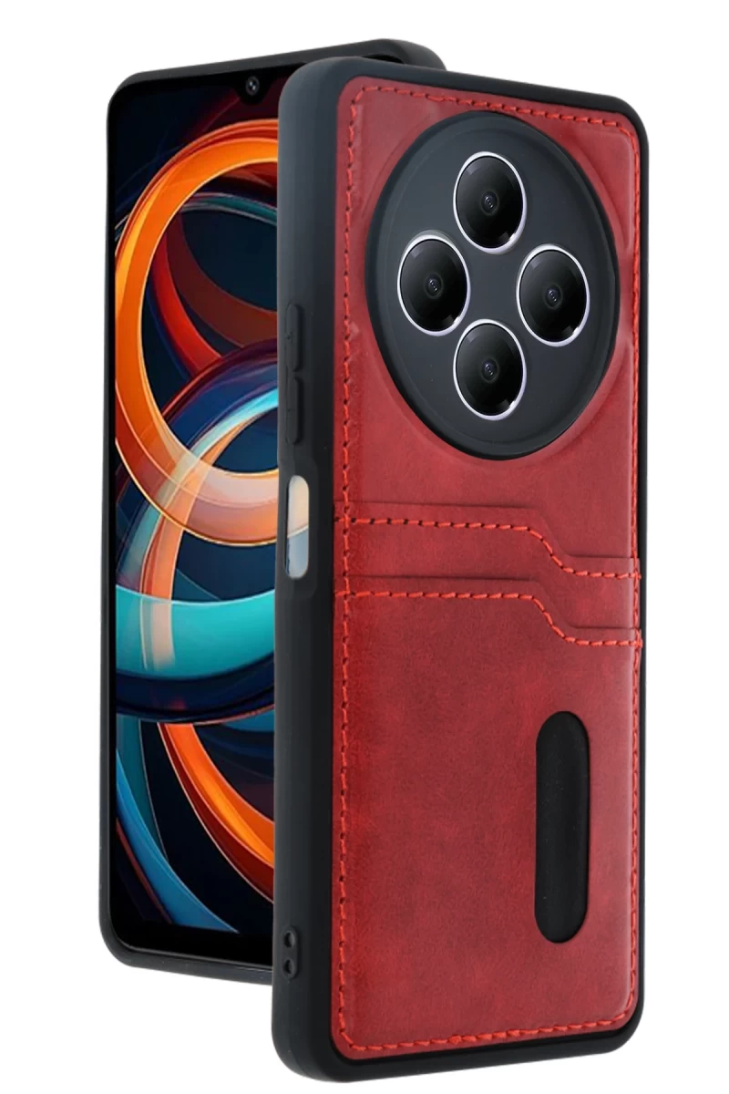 Xiaomi Redmi 14C Uyumlu Kılıf Sara Kartvizitli Deri Kılıf - Kırmızı