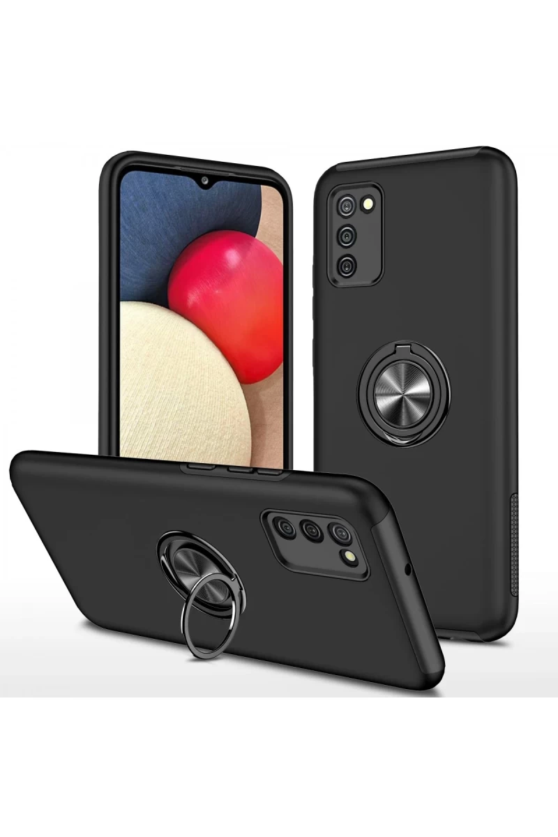 Samsung Galaxy A02S Uyumlu Kılıf Elit Yüzüklü Kapak - Siyah