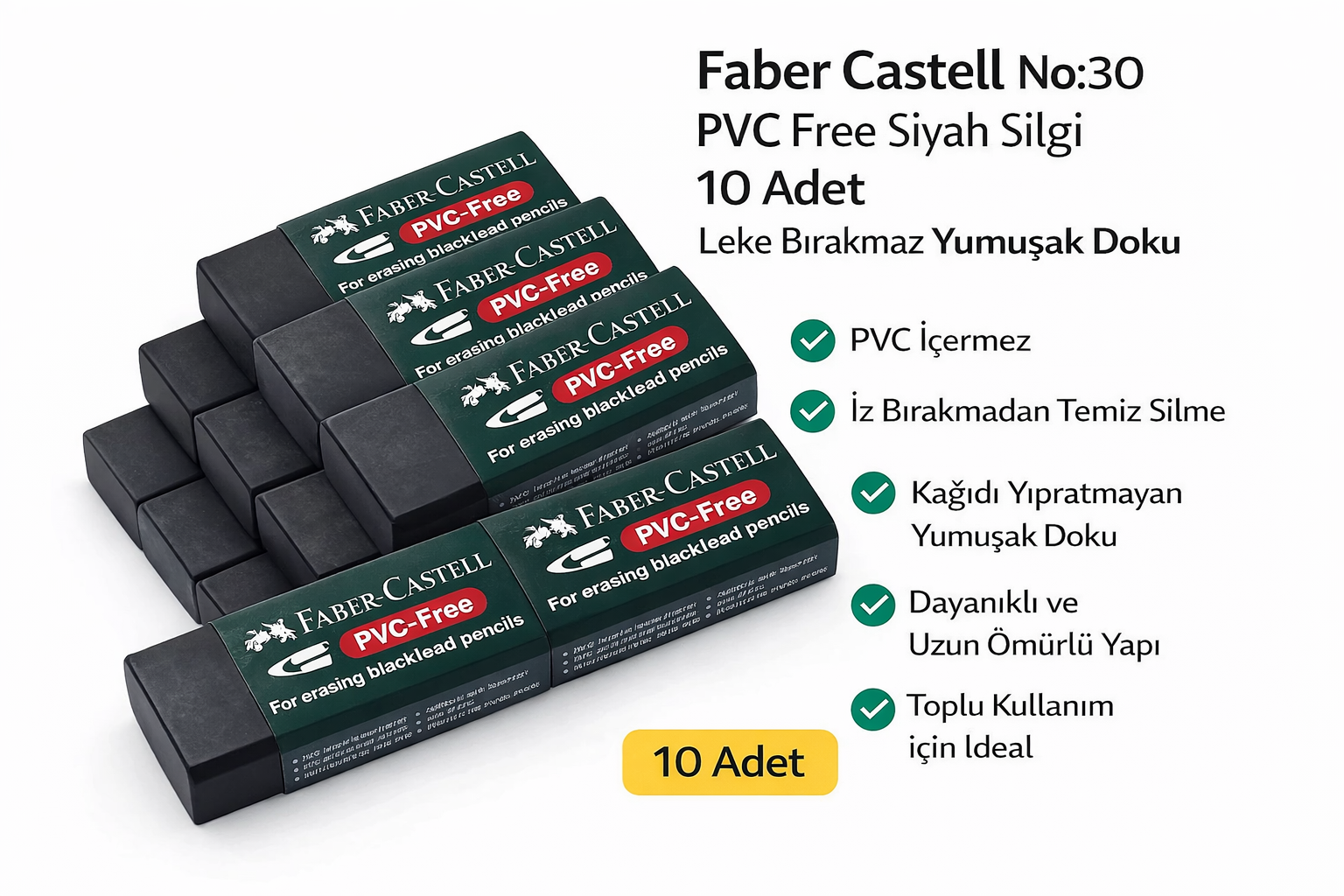 No:30 PVC Free Siyah Silgi 10 Adet Leke Bırakmaz Yumuşak Doku