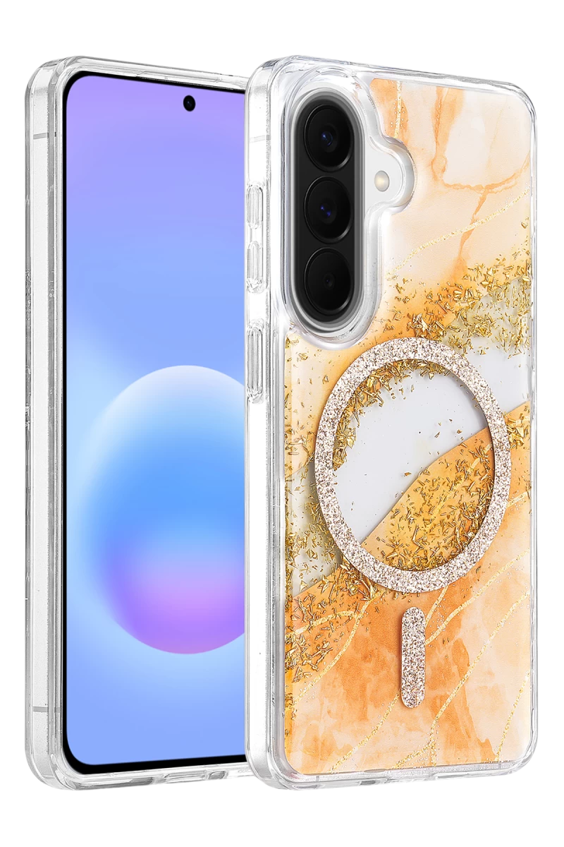 Onegif Samsung Galaxy A57 5G Uyumlu Lotus Simli Magsafe Kapak - Turuncu