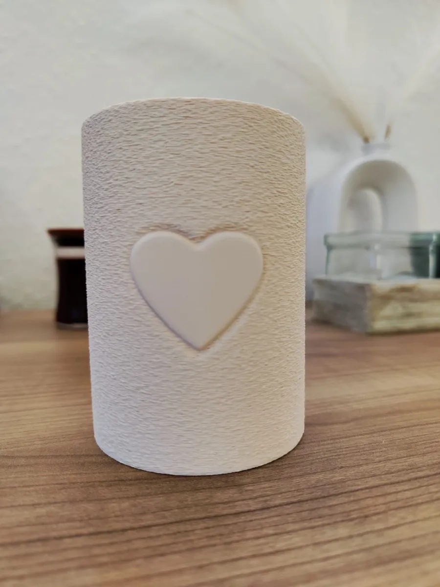 3D Baskı Kalp Motifli Silindir Kalemlik Makyaj Fırçası Organizeri Kabartma Kalpli Masaüstü - Beyaz