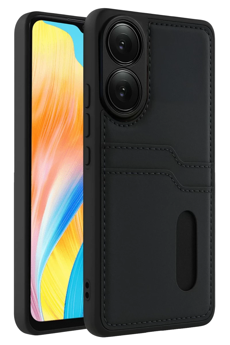 Oppo A38 Uyumlu Sara Kartvizitli Deri Kılıf - Siyah
