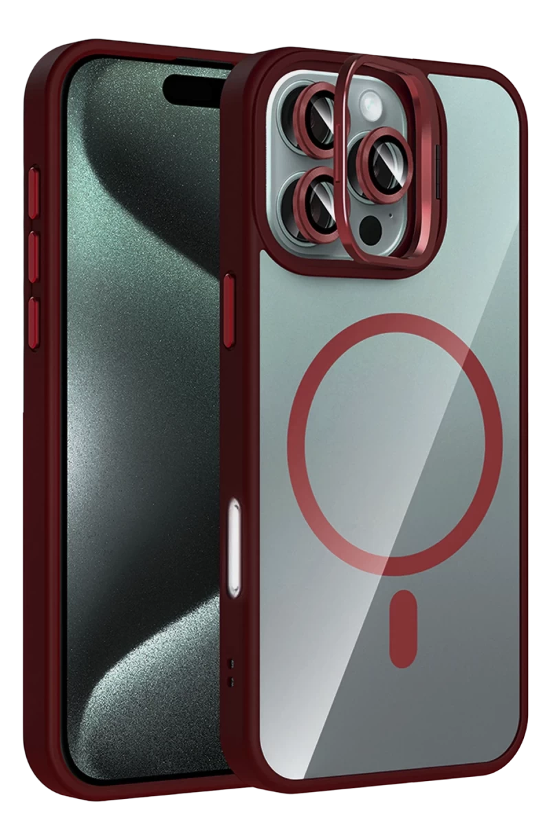 Joko Apple iPhone 16 Pro Uyumlu Remim Lensli Magsafe Standlı Kapak - Bordo