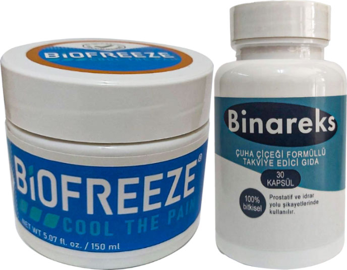 Biofreeze 150 ml Sırt Bel Diz Dirsek Teskin Edici Masaj Kremi + Binareks Erkeklere 30 Lu Çuha Çiçeği Kaps