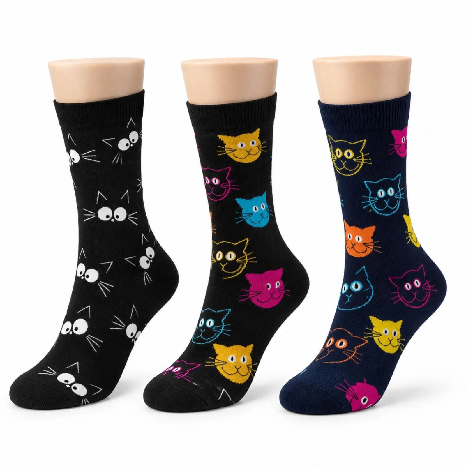 Unisex Kedi Desenli Çorap 3'lü Set Pamuklu Renkli Uzun Soket Dikişsiz Nefes Alan Rahat Günlük Çorap