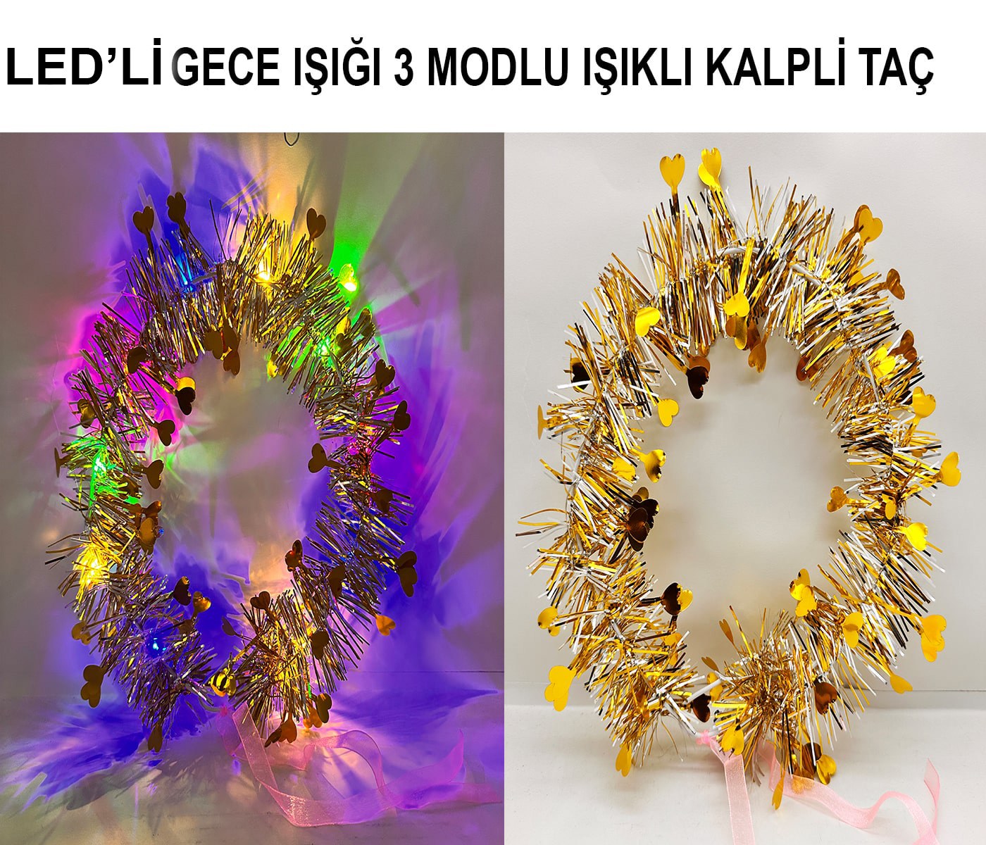 Kalp Püsküllü Gece Parıltısı 3 Modlu LED&amp;#39;li Işıklı Taç Altın Renk