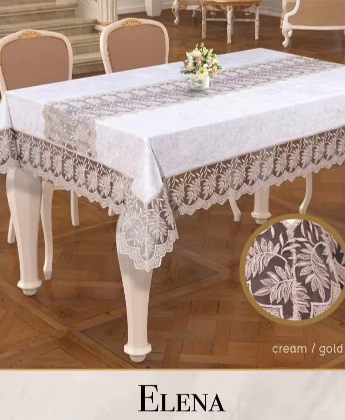 160x260 cm Elena Model Krem-Gold Keten İşlemeli Dantelli Zarif Masa Örtüsü