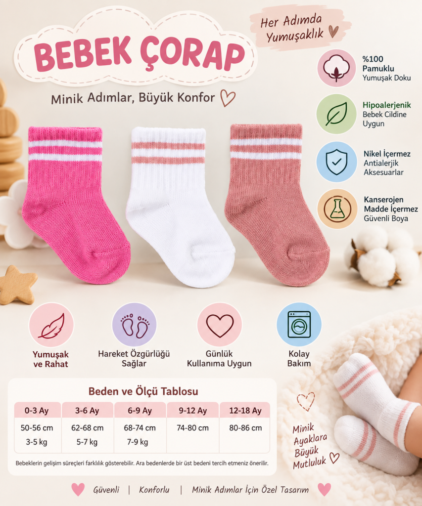 Assn Bebek Çorap USB2206 Rose ADET FİYATIDIR · Beden: 6-12 Ay · Renk: Rose