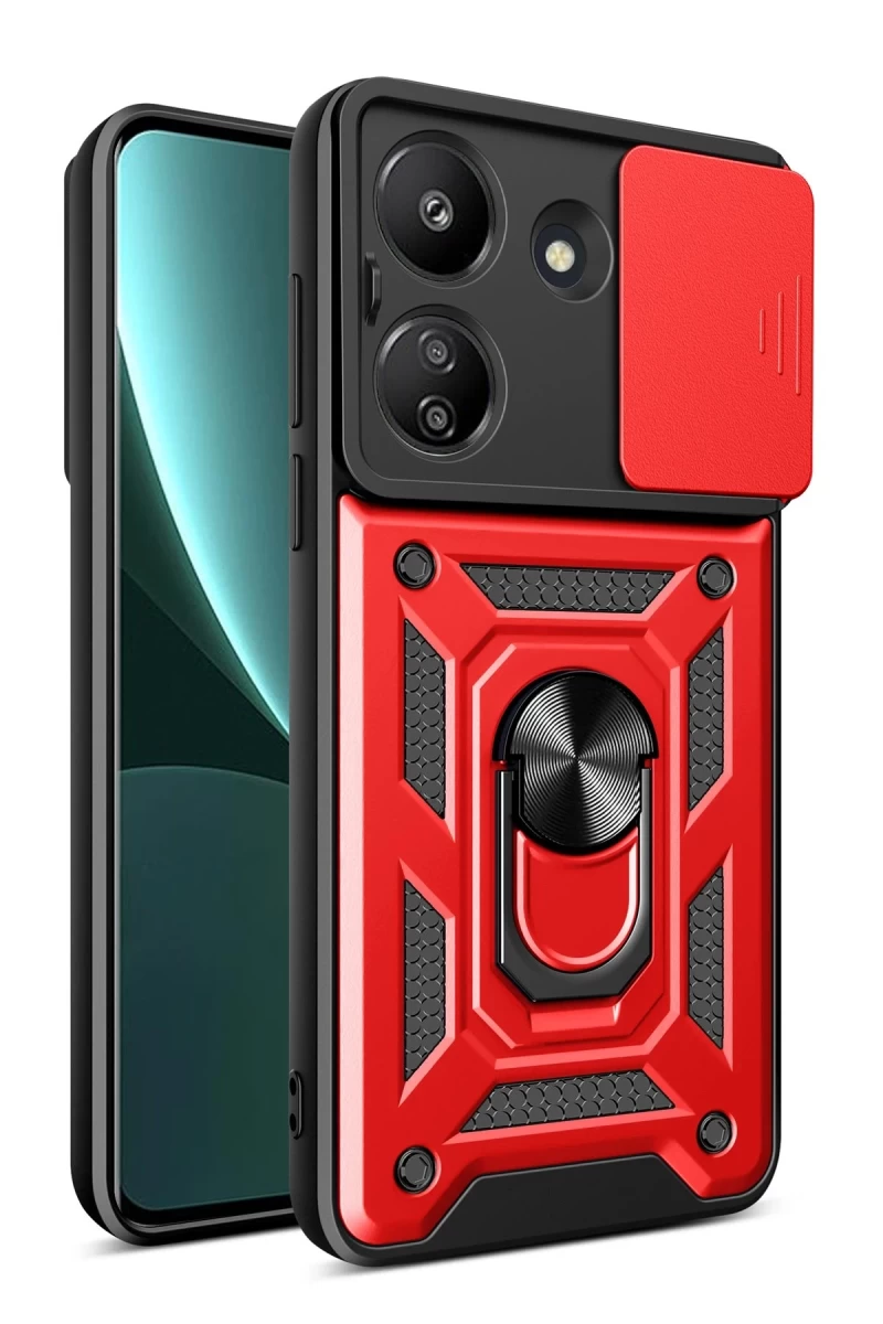 Xiaomi Redmi 13C Uyumlu Kılıf Pars Lens Yüzüklü Silikon - Kırmızı