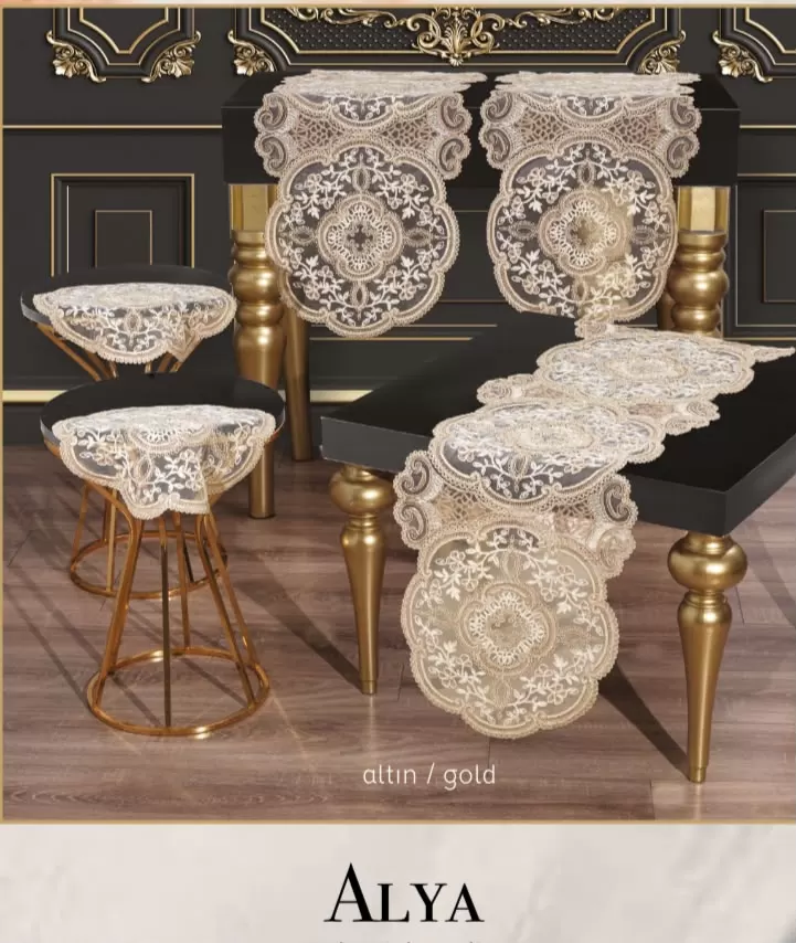 Alya Model No124 Gold 5 Parça Salon Takımı Dantelli Runner Masa Örtüsü Seti